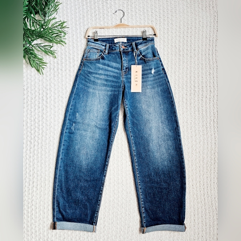 RISEN Mid Rise Dark Wash Barrel Jeans Double Roll Cuffed Full Length Various NEW - Picture 3 of 15